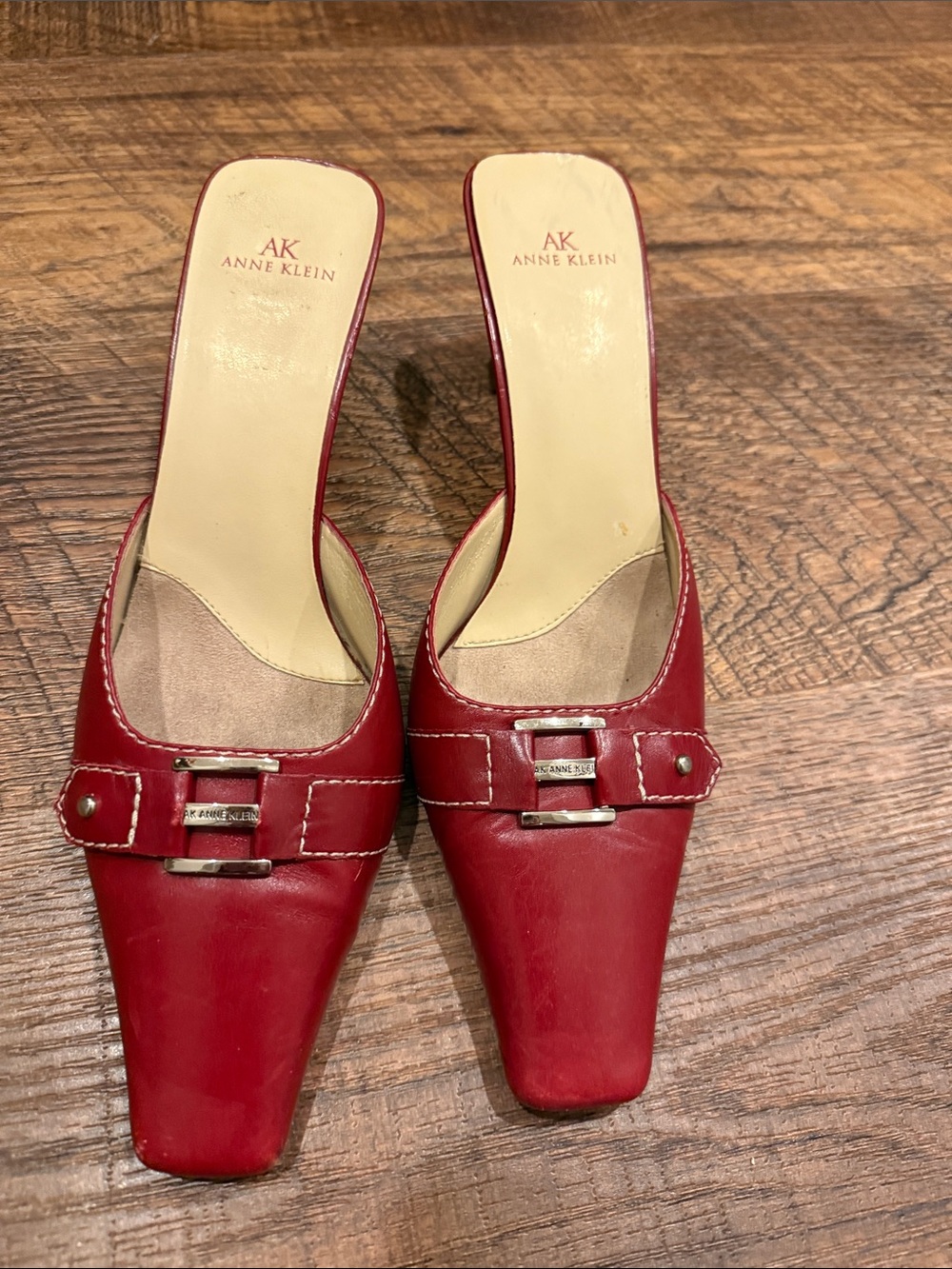 Anne Klein Red Leather Buckle-Front Slip-On Mules